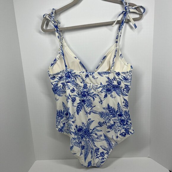 Kona Sol White with Blue Floral Toile Pattern Adjustable One Piece Swimsuit Sz L - Picture 2 of 9